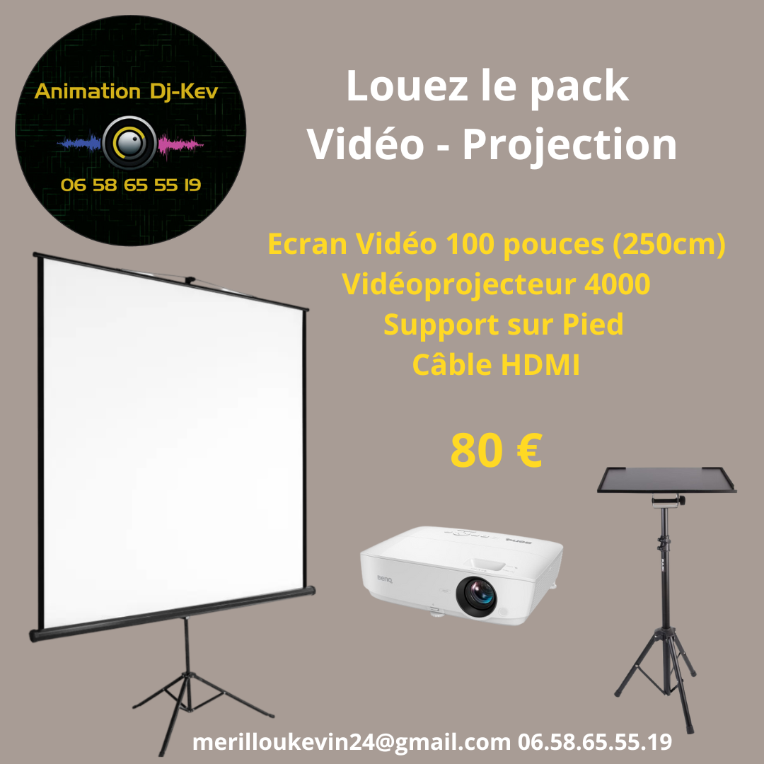 Location pack vidéo-projection 80 € Pack location vidéo-projection avec écran et projecteur